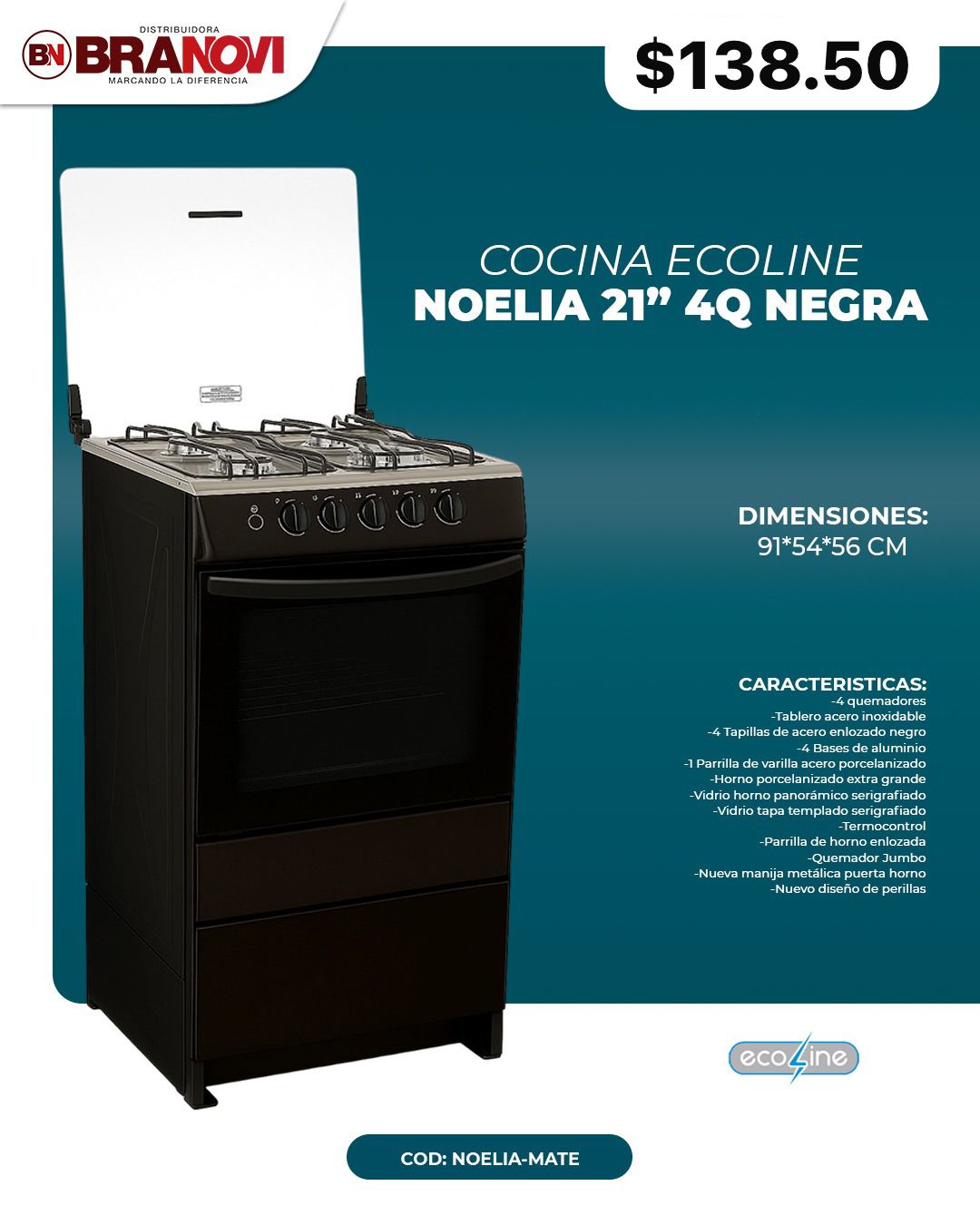 COCINA ECOLINE NOELIA 21” 4Q NEGRA