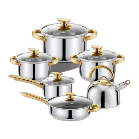 Set de Ollas Acero INOX + Tetera C/Tapa Vidrio Mango Dorado 12PZ