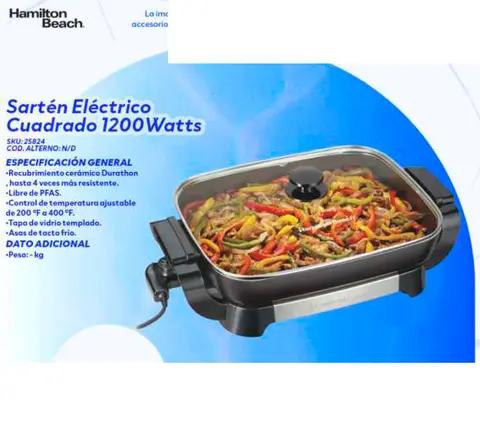 Sartén Eléctrico Cuadrado 1200 Watts (Hamilton Beach 25824)