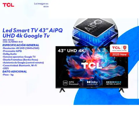 Led Smart Tv 43" AIPQ UHD 4k Google Tv (TCL 43V6C)