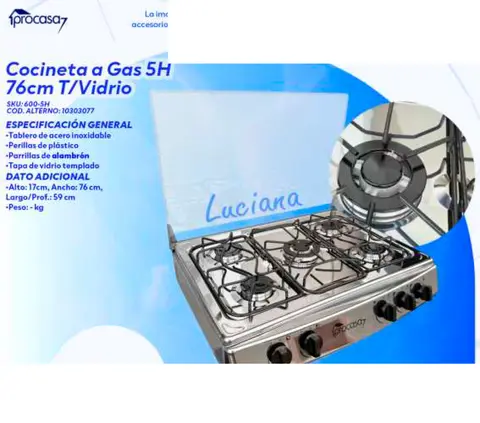Cocineta a Gas 5H 76cm T/Vidrio
