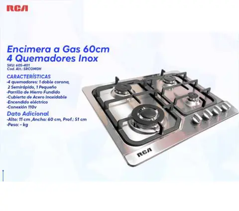 Encimera a Gas 60cm 4 Quemadores Inox