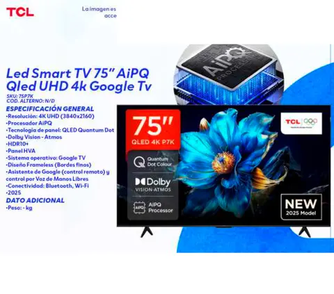Led Smart TV 75" AiPQ Qled UHD 4k Google Tv (TCL 75P7K)