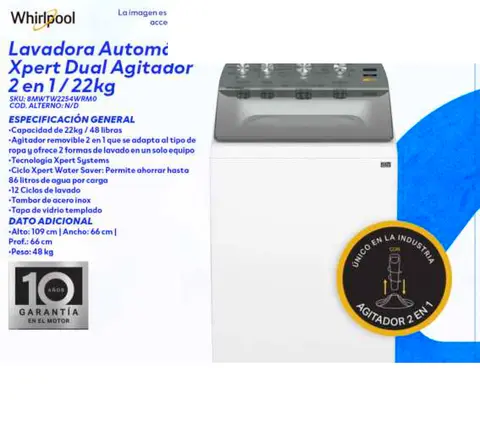 Lavadora Automática Xpert Dual Agitador 2 en 1/22kg