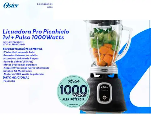 Licuadora Pro Picahielo 1vl + Pulso 1000Watts