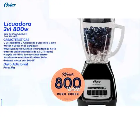 Licuadora 2vl 800w (Oster BLSTKAG-BPB-013)