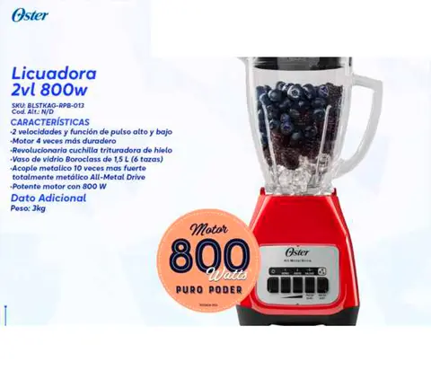 Licuadora 2vl 800w (Oster BLSTKAG-RPB-013)