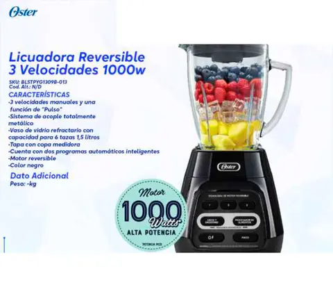 Licuadora Reversible 3 Velocidades 1000w