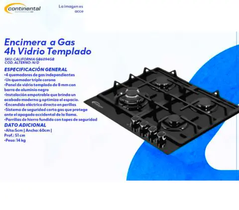 Encimera a Gas 4h Vidrio Templado