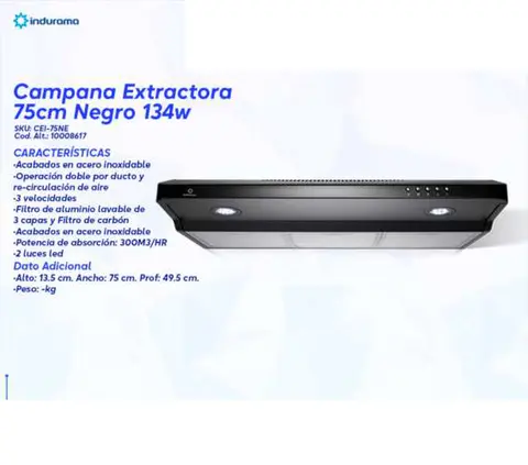 Campana Extractora 75cm Negro 134w