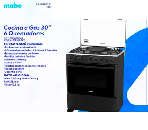 Cocina a Gas 30" 6 Quemadores (Mabe)