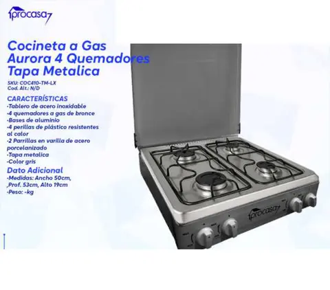 Cocineta a Gas Aurora 4 Quemadores Tapa Metalica
