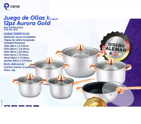 Juego de Ollas Inox 12pz Aurora Gold
