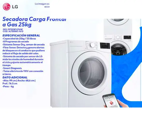Secadora Carga Frontal a Gas 25kg (LG DF50WV2S6W)