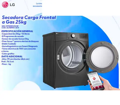 Secadora Carga Frontal a Gas 25kg (LG)