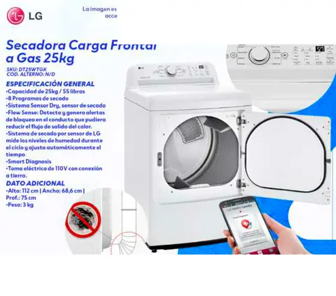 Secadora Carga Frontal a Gas 25kg (LG DT25WTGK)