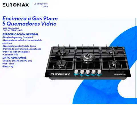 Encimera a Gas 90cm 5 Quemadores Vidrio