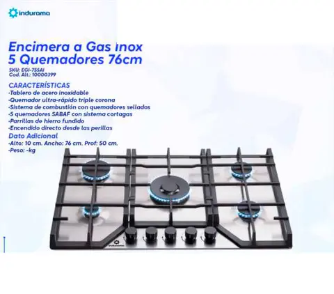 Encimera a Gas Inox 5 Quemadores 76cm