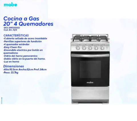 Cocina a Gas 20" 4 Quemadores (Mabe EM5120SX2)