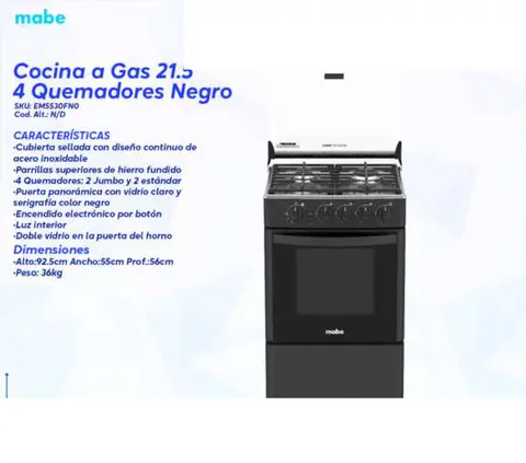 Cocina a Gas 21.5" 4 Quemadores Negro