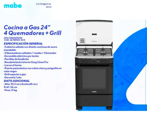 Cocina a Gas 24" 4 Quemadores + Grill (Mabe)
