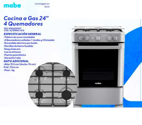 Cocina a Gas 24" 4 Quemadores (Mabe)