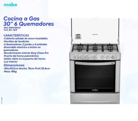 Cocina a Gas 30" 6 Quemadores (Mabe EM7610SG0)