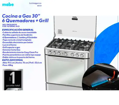 Cocina a Gas 30" 6 Quemadores + Grill (Mabe EM7630FX0)