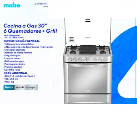 Cocina a Gas 30" 6 Quemadores + Grill (Mabe)