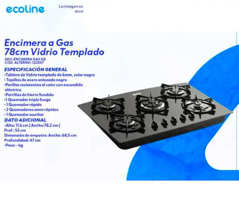 Encimera a Gas 78cm Vidrio Templado
