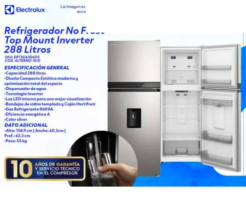 Refrigerador No Frost Top Mount Inverter 288 Litros (Electrolux ERT30A3Q6DS)