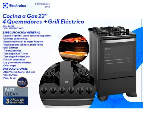 Cocina a Gas 22" 4 Quemadores + Grill Eléctrico
