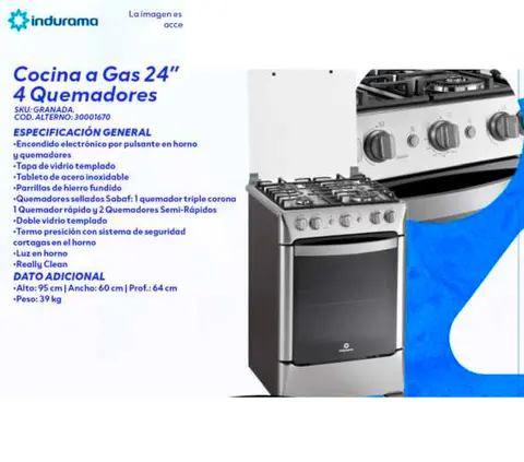 Cocina a Gas 24" 4 Quemadores (Indurama GRANADA)