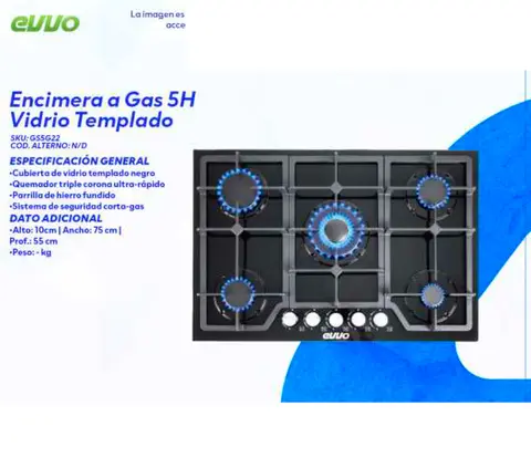 Encimera a Gas 5H Vidrio Templado