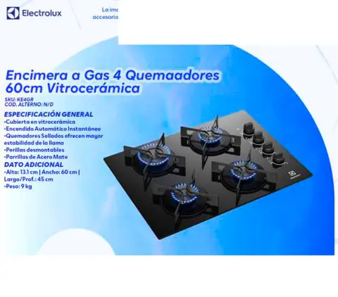 Encimera a Gas 4 Quemadores 60cm Vitrocerámica