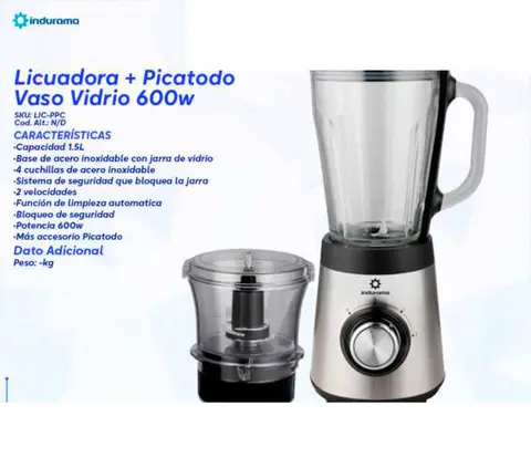 Licuadora + Picatodo Vaso Vidrio 600w