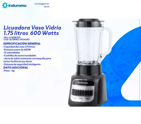 Licuadora Vaso Vidrio 1.75 litros 600 Watts