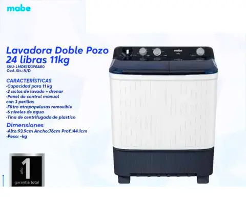 Lavadora Doble Pozo 24 libras 11kg