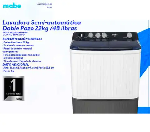 Lavadora Semi-automática Doble Pozo 22kg / 48 libras