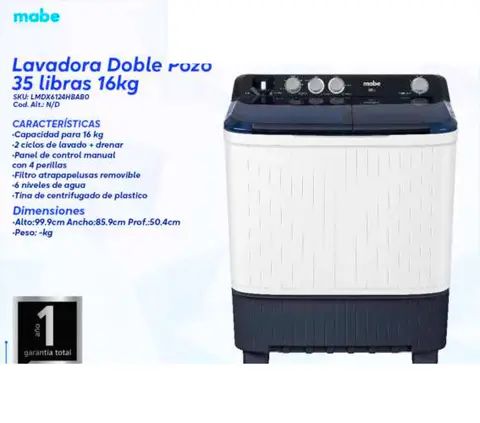 Lavadora Doble Pozo 35 libras 16kg