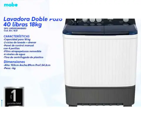 Lavadora Doble Pozo 40 libras 18kg