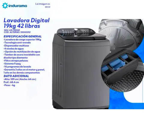 Lavadora Digital 19kg 42 libras