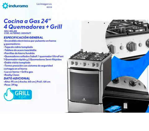 Cocina a Gas 24" 4 Quemadores + Grill (Indurama MILAN)
