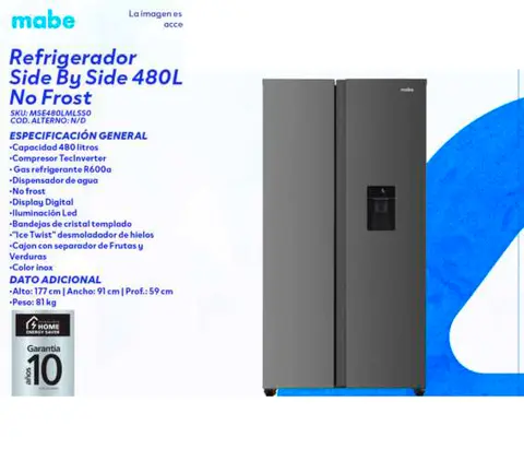 Refrigerador Side by Side 480L No Frost (Mabe MSE480LMLSSO)