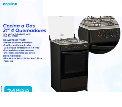 Cocina a Gas 21" 4 Quemadores (Ecoline NOELIA C-T-NEGRO MATE)