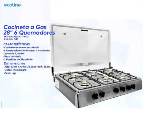 Cocineta a Gas 28" 6 Quemadores (Ecoline RAGAZZA C-T INOX)
