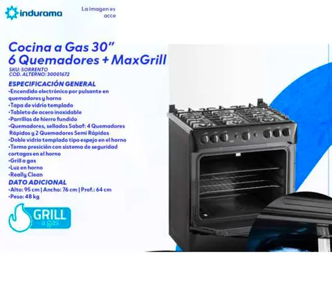 Cocina a Gas 30" 6 Quemadores + MaxGrill