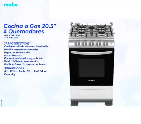 Cocina a Gas 20.5" 4 Quemadores (Mabe TX5120EX4)