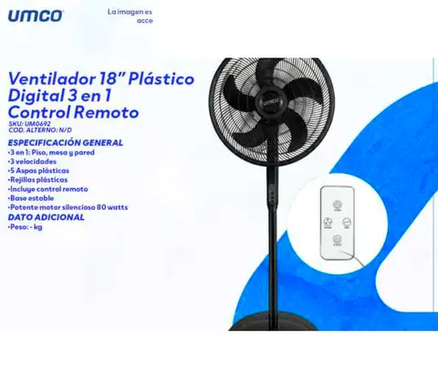 Ventilador 18" Plástico Digital 3 en 1 Control Remoto