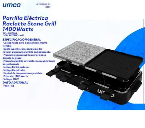 Parrilla Eléctrica Raclette Stone Grill 1400 Watts